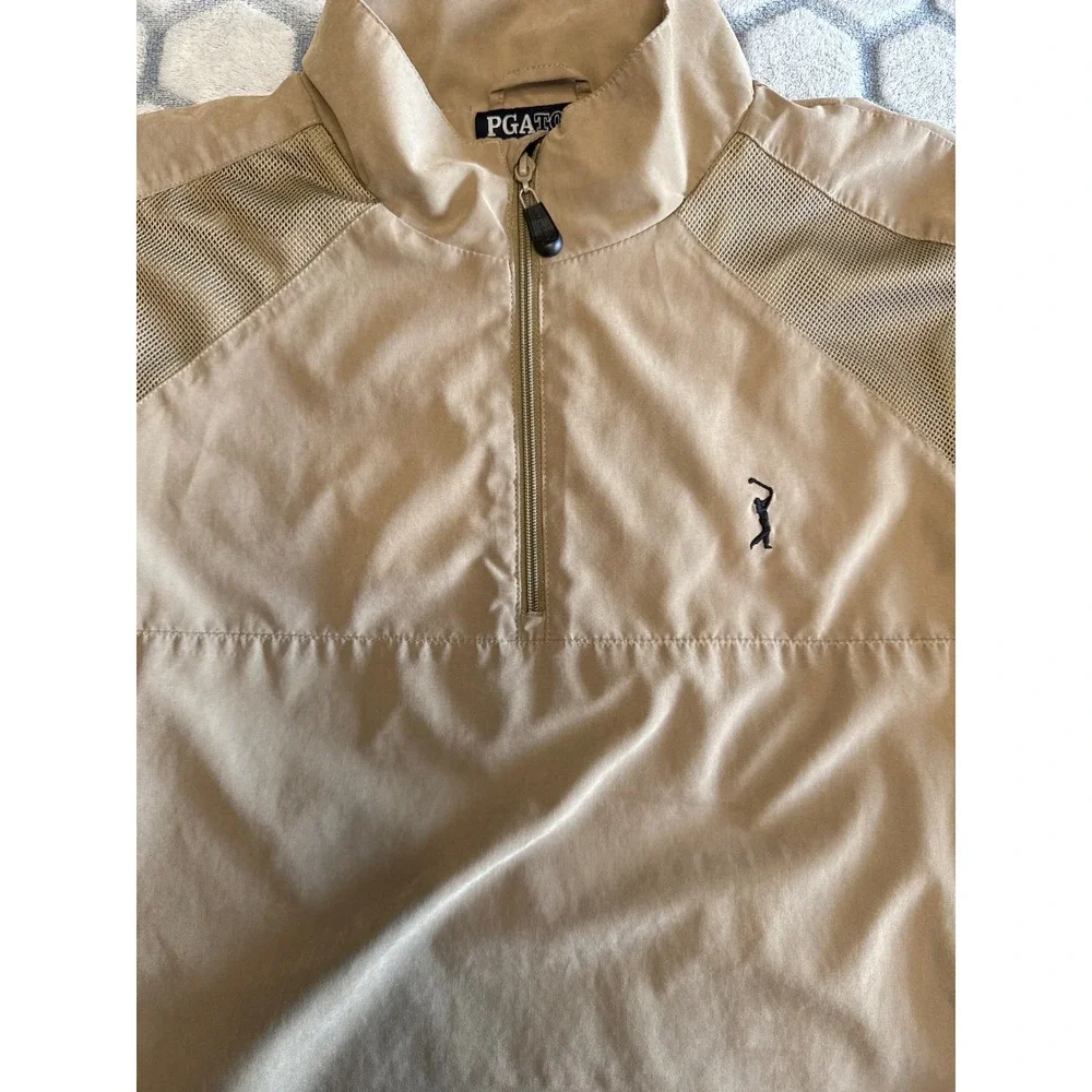 PGA Tour Mens Large Tan Convertible Quarter Zip Windbreaker Golf Jacket Pullover